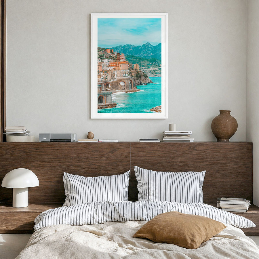 Italy Photo No 1 Poster in a white wood frame, hanging in a bedroom, white border