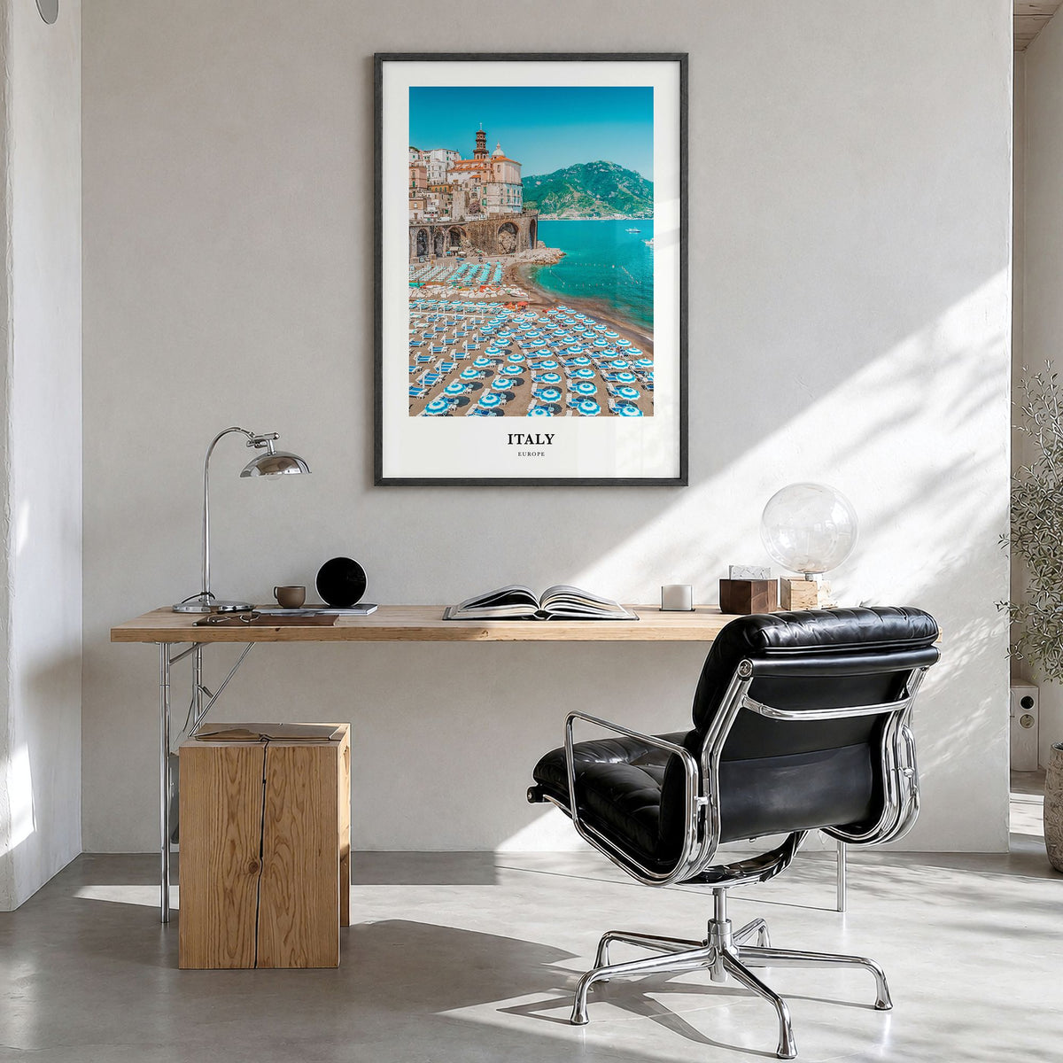 Italy Classic Poster in a black wood frame, hanging in a bright home office