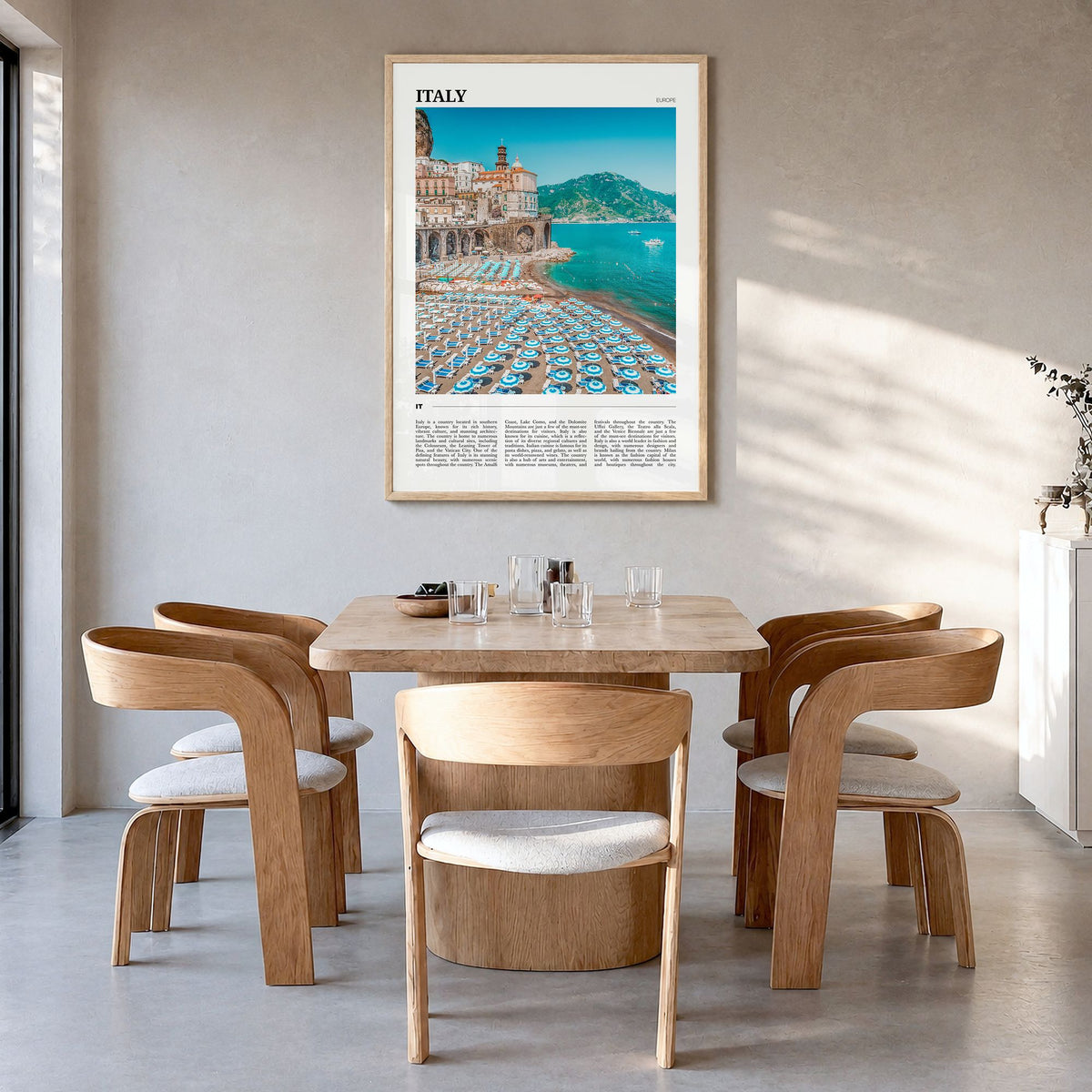 Italy Travel Poster in a natural wood frame, hanging in a dining room