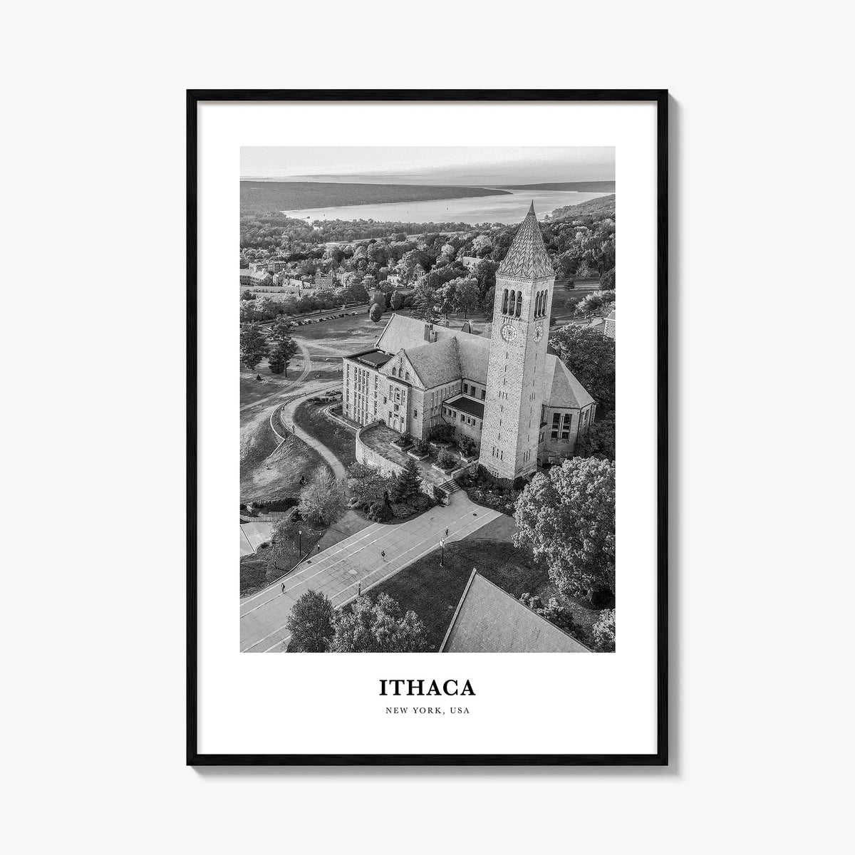 Ithaca black & white classic poster of New York, USA – vertical wall art, unframed print shown in interior mockup