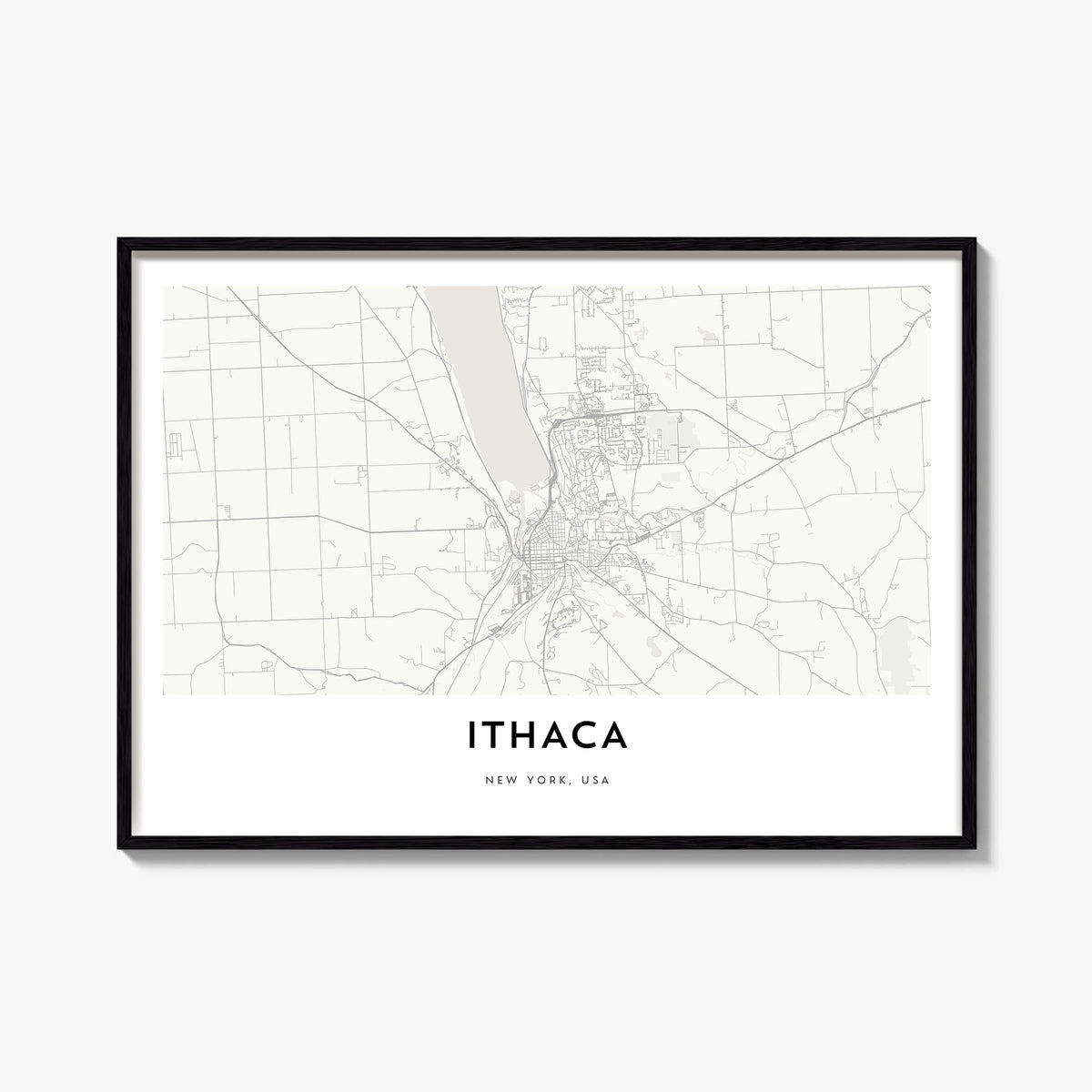 Ithaca black & white map poster of New York, USA – horizontal wall art, unframed print shown in interior mockup