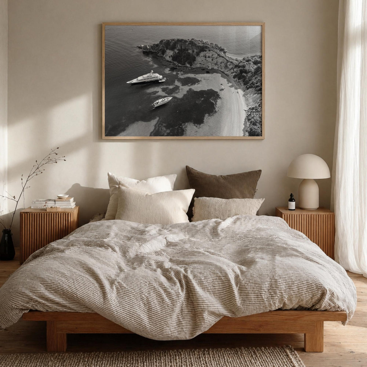 Ithaca black & white photo poster of New York, USA – horizontal wall art in natural wood frame, hanging on wall