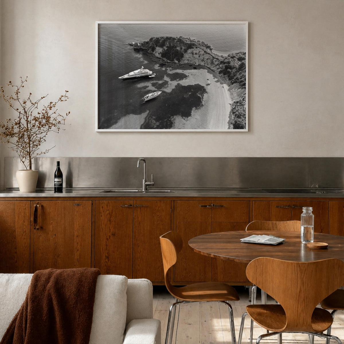 Ithaca black & white photo poster of New York, USA – horizontal wall art in white wood frame, hanging on wall