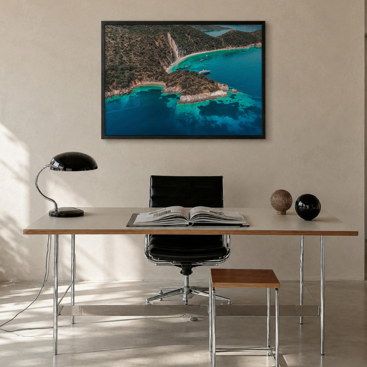 Ithaca colorful photo poster of New York, USA – horizontal wall art in black wood frame, hanging on wall