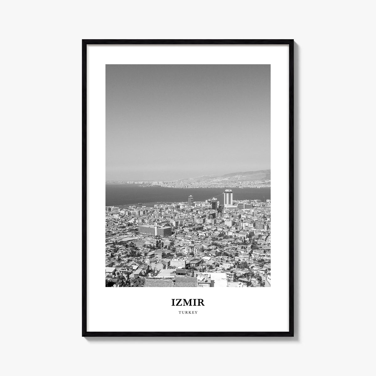 Izmir black & white classic poster of Türkiye – vertical wall art, unframed print shown in interior mockup