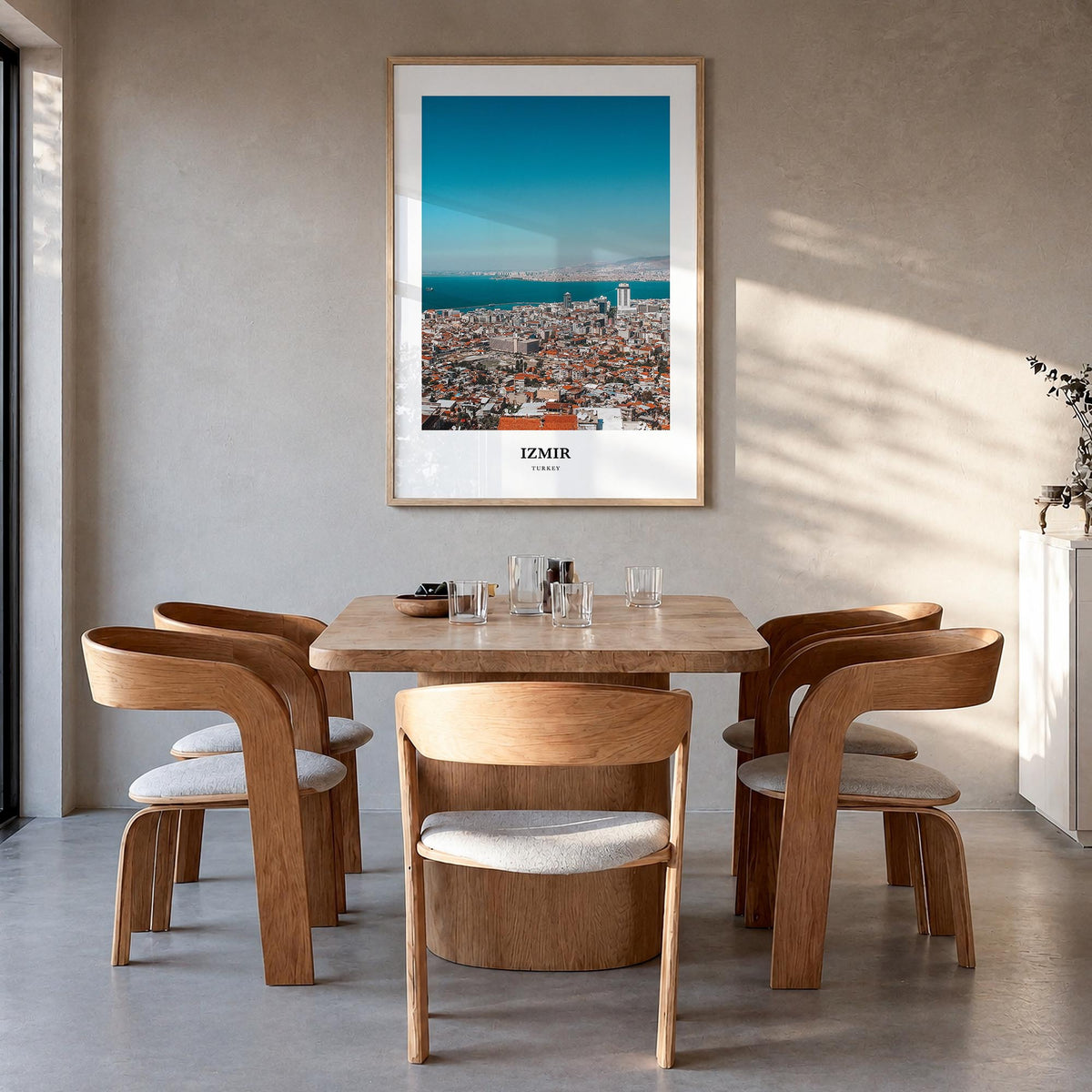 Izmir colorful classic poster of Türkiye – vertical wall art in natural wood frame, hanging on wall