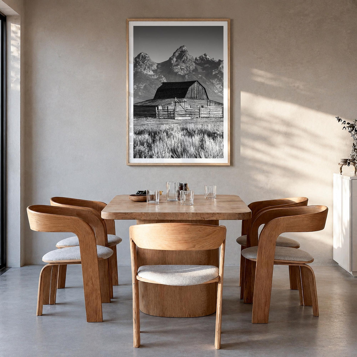 Jackson Hole black & white photo poster of Wyoming, USA – vertical wall art in natural wood frame with white border, hanging