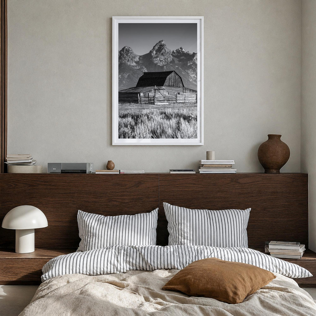 Jackson Hole black & white photo poster of Wyoming, USA – vertical wall art in white wood frame with white border, hanging on