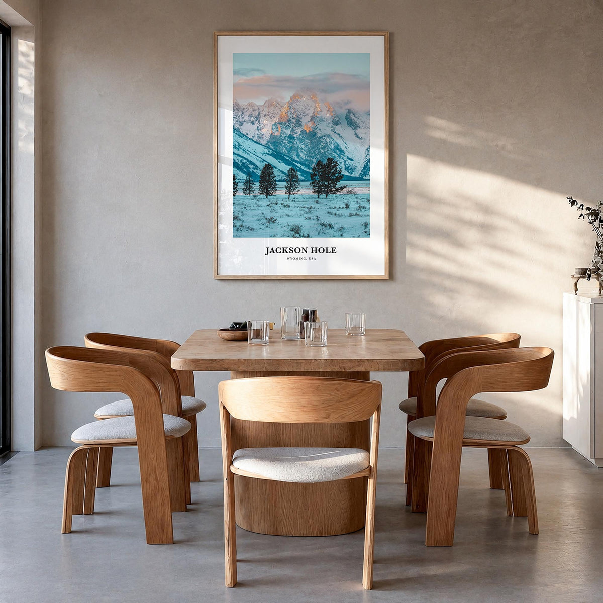 Jackson Hole colorful classic poster of Wyoming, USA – vertical wall art in natural wood frame, hanging on wall