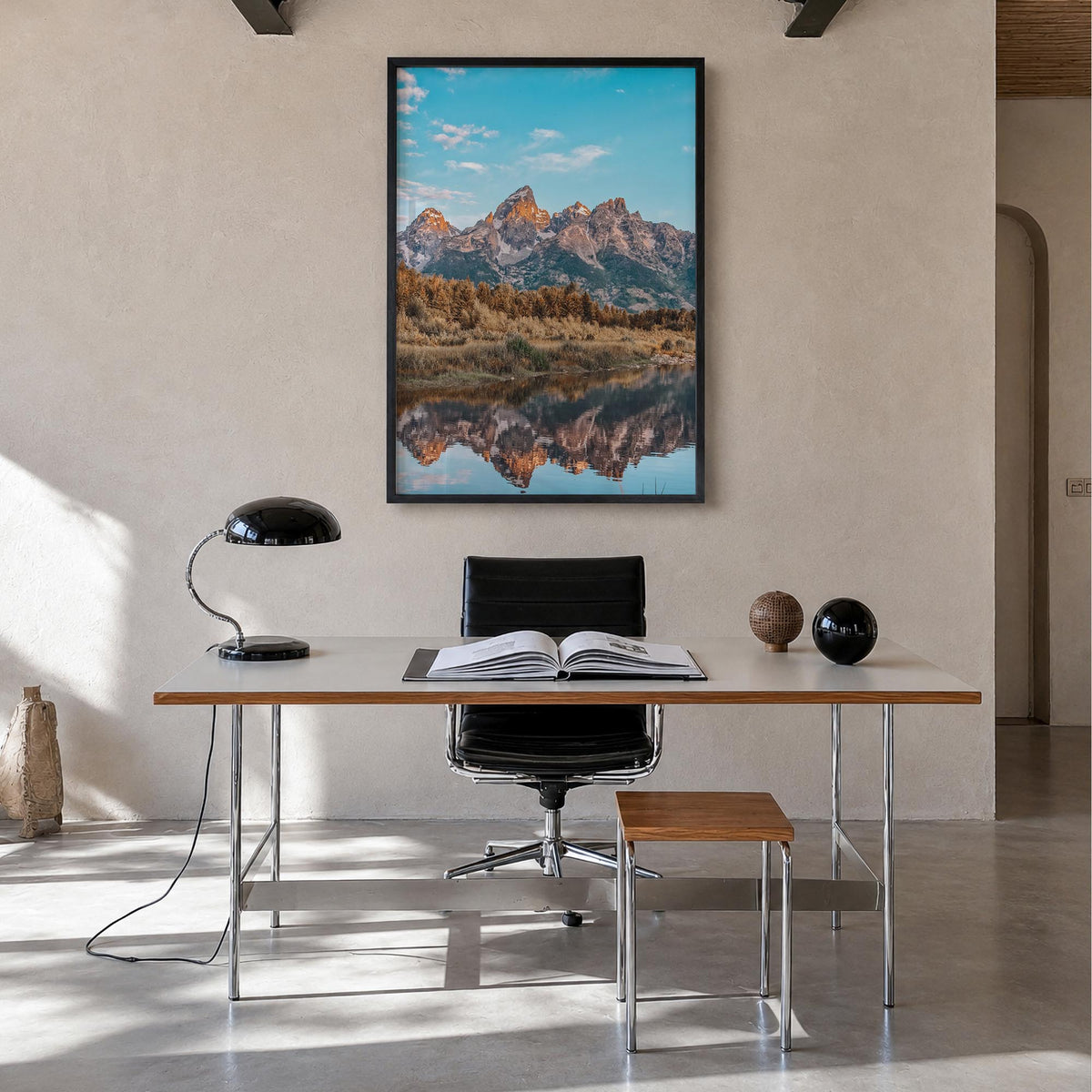 Jackson Hole colorful photo poster of Wyoming, USA – vertical wall art in black wood frame, hanging on wall