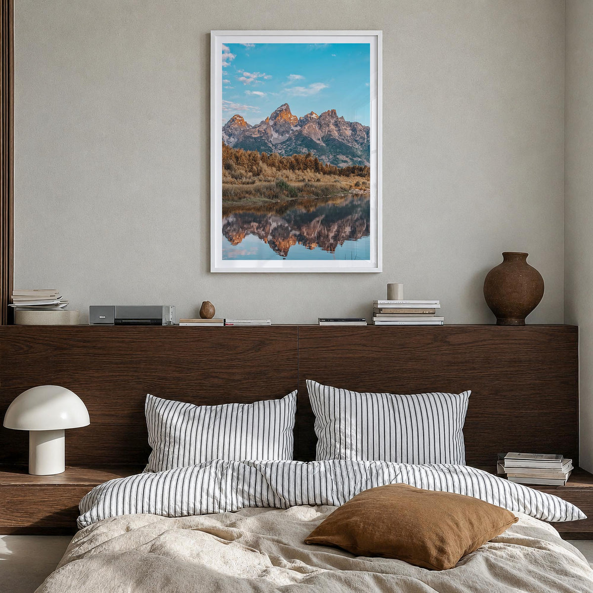 Jackson Hole colorful photo poster of Wyoming, USA – vertical wall art in white wood frame with white border, hanging on wall