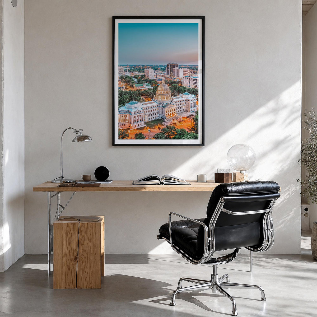 Jackson, Mississippi colorful photo poster of Mississippi, USA – vertical wall art in black wood frame with white border, han