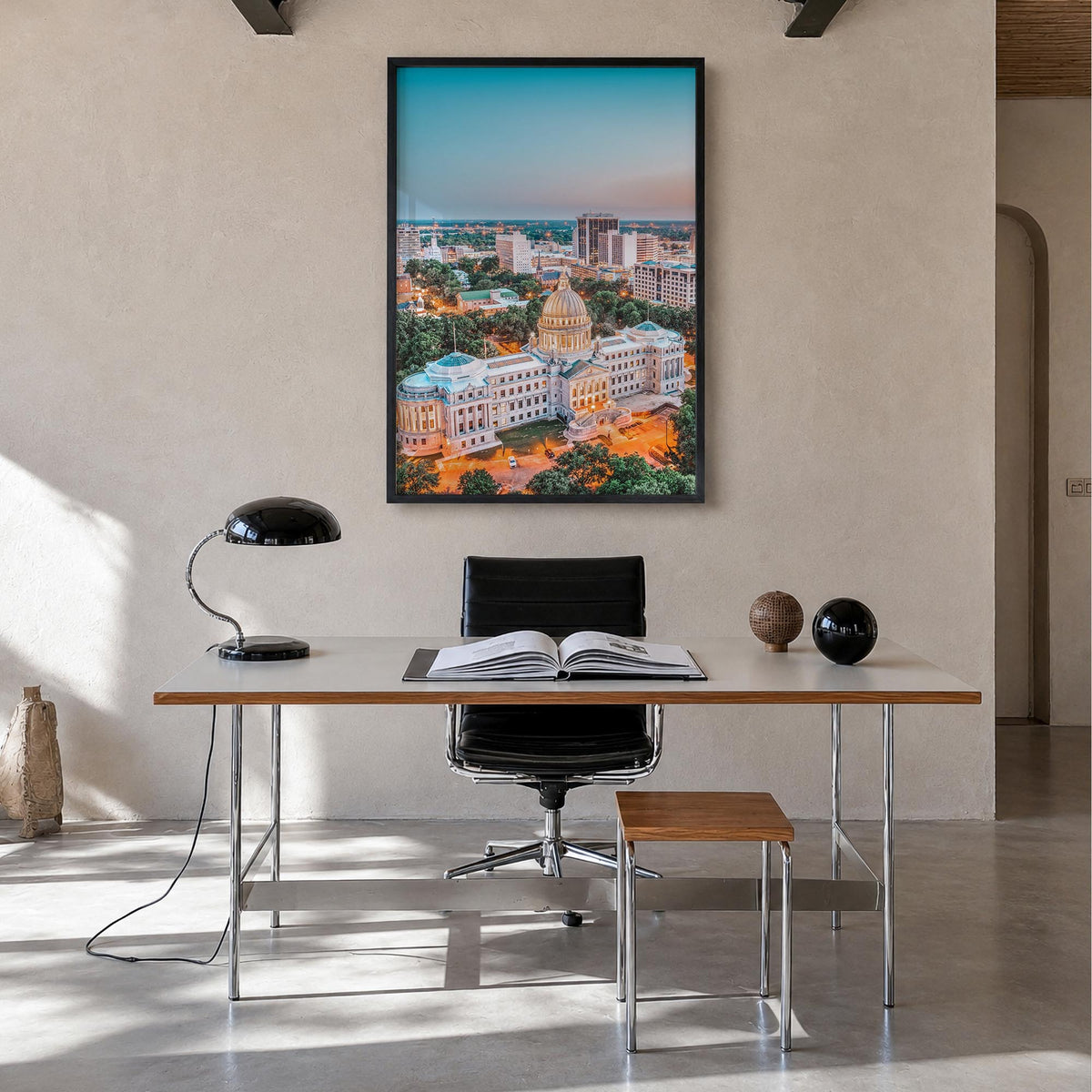 Jackson, Mississippi colorful photo poster of Mississippi, USA – vertical wall art in black wood frame, hanging on wall