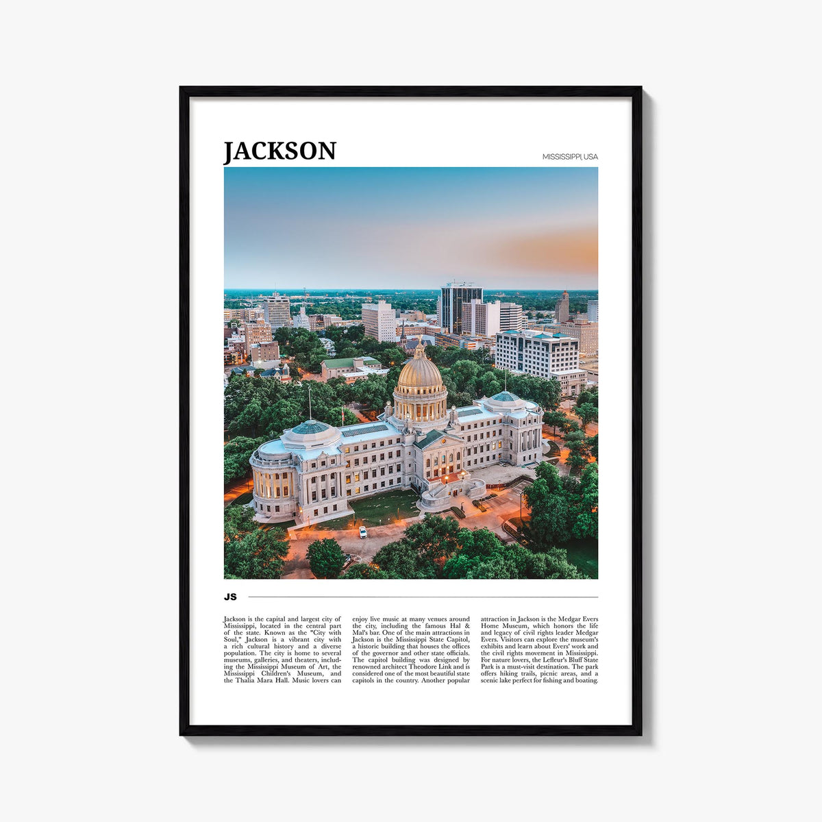 Jackson, Mississippi colorful travel poster of Mississippi, USA – vertical wall art, unframed print shown in interior mockup