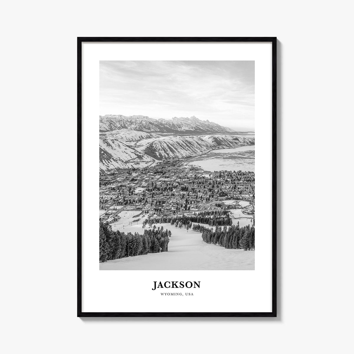 Jackson, Wyoming black & white classic poster of Wyoming, USA – vertical wall art, unframed print shown in interior mockup