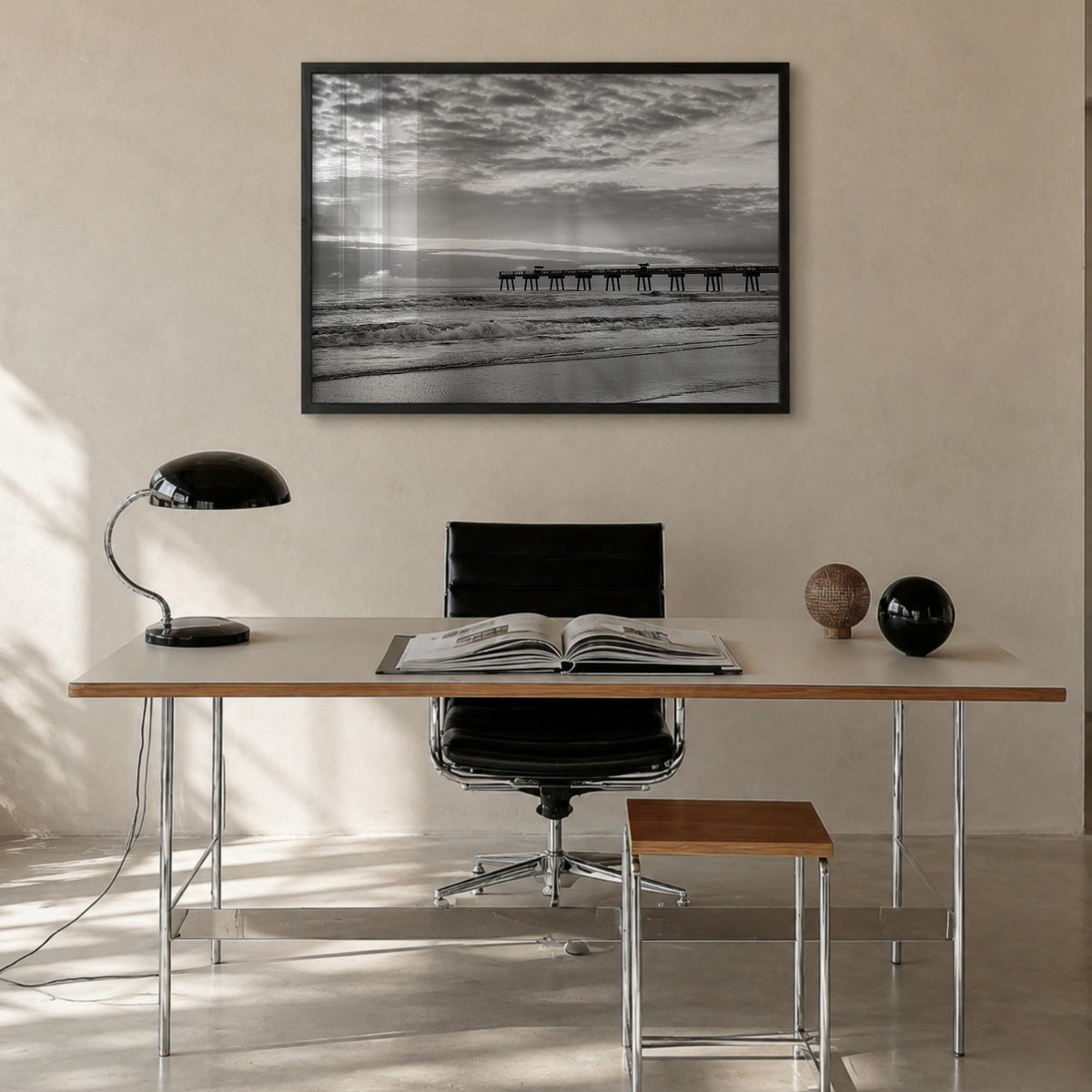 Jacksonville Beach black & white photo poster of Florida, USA – horizontal wall art in black wood frame, hanging on wall