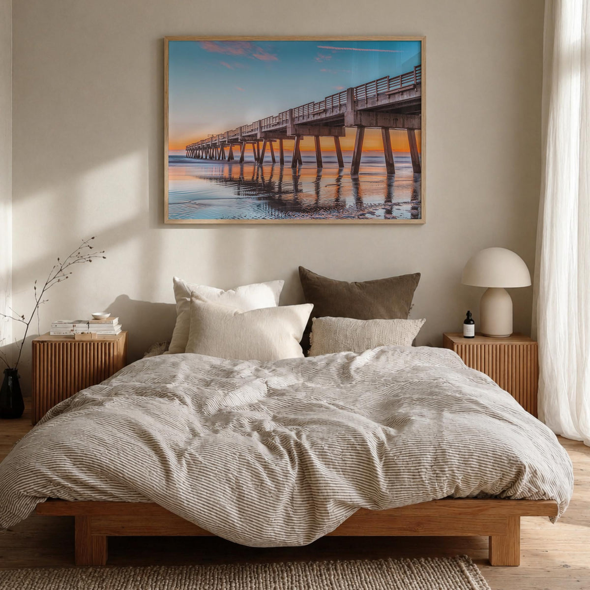 Jacksonville Beach colorful photo poster of Florida, USA – horizontal wall art in natural wood frame, hanging on wall