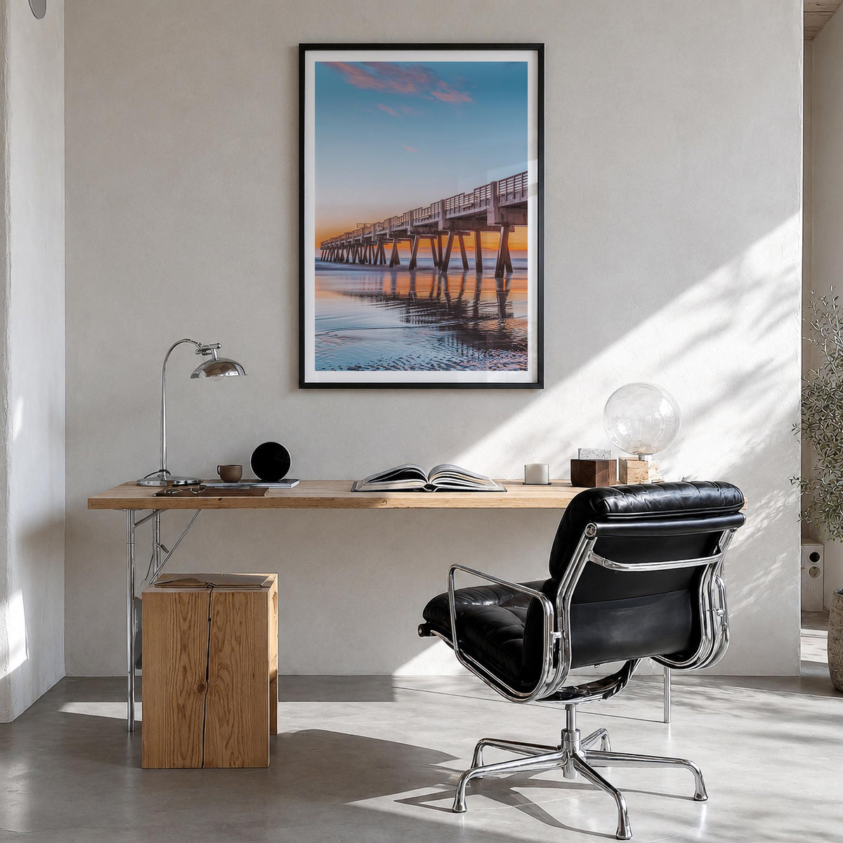 Jacksonville Beach no. 1 colorful photo poster of Florida, USA – vertical wall art in black wood frame with white border, han