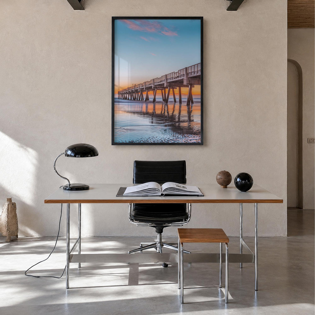 Jacksonville Beach no. 1 colorful photo poster of Florida, USA – vertical wall art in black wood frame, hanging on wall
