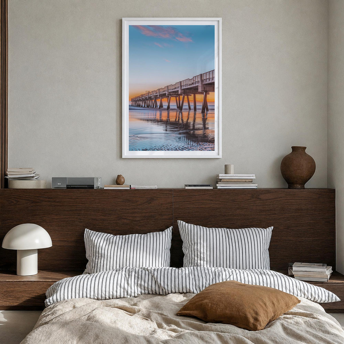 Jacksonville Beach no. 1 colorful photo poster of Florida, USA – vertical wall art in white wood frame with white border, han