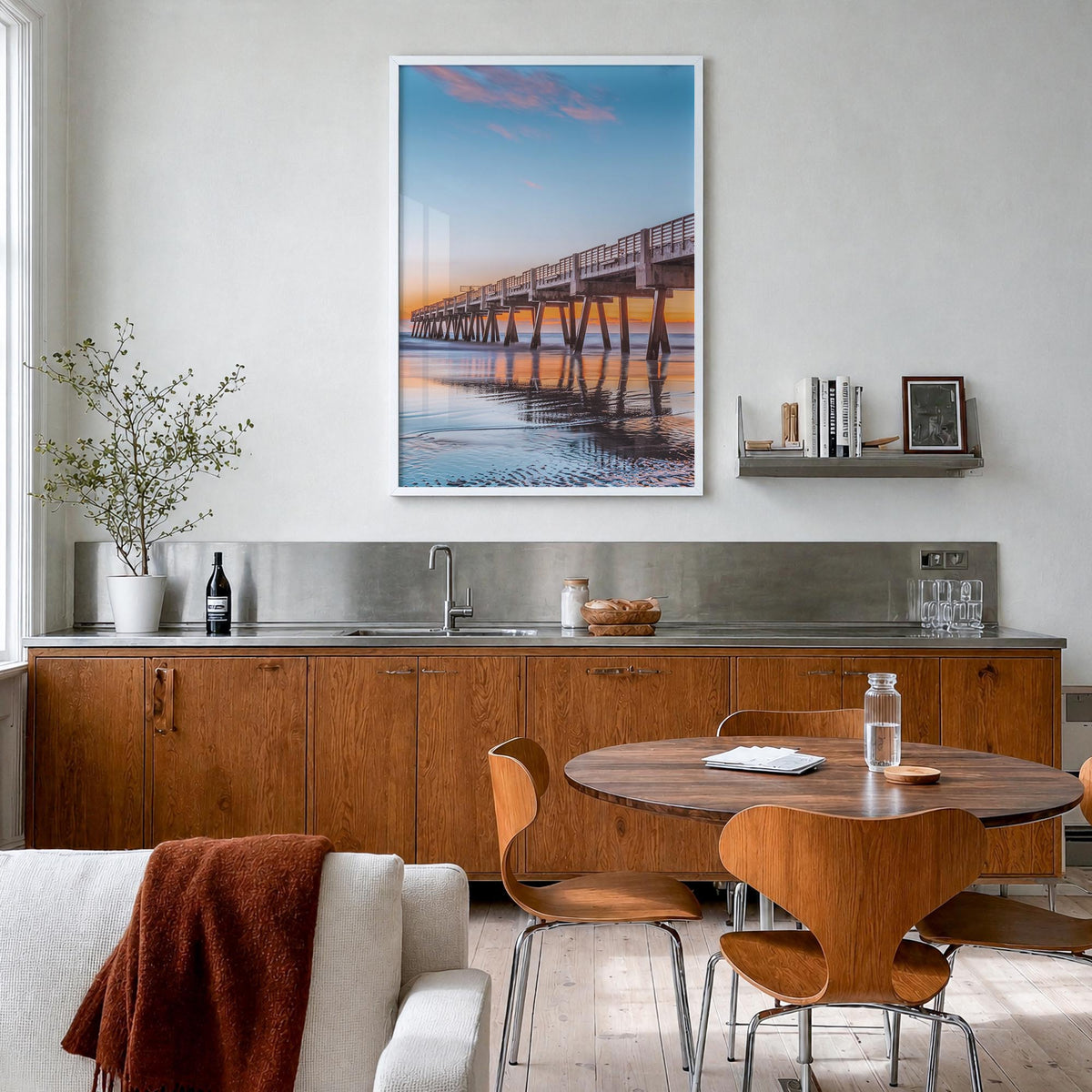 Jacksonville Beach no. 1 colorful photo poster of Florida, USA – vertical wall art in white wood frame, hanging on wall