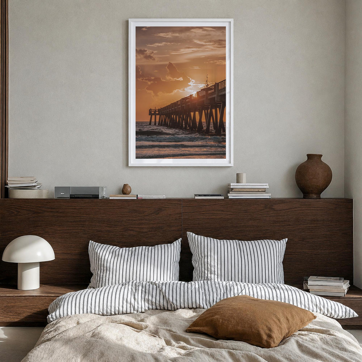 Jacksonville Beach no. 2 colorful photo poster of Florida, USA – vertical wall art in white wood frame with white border, han