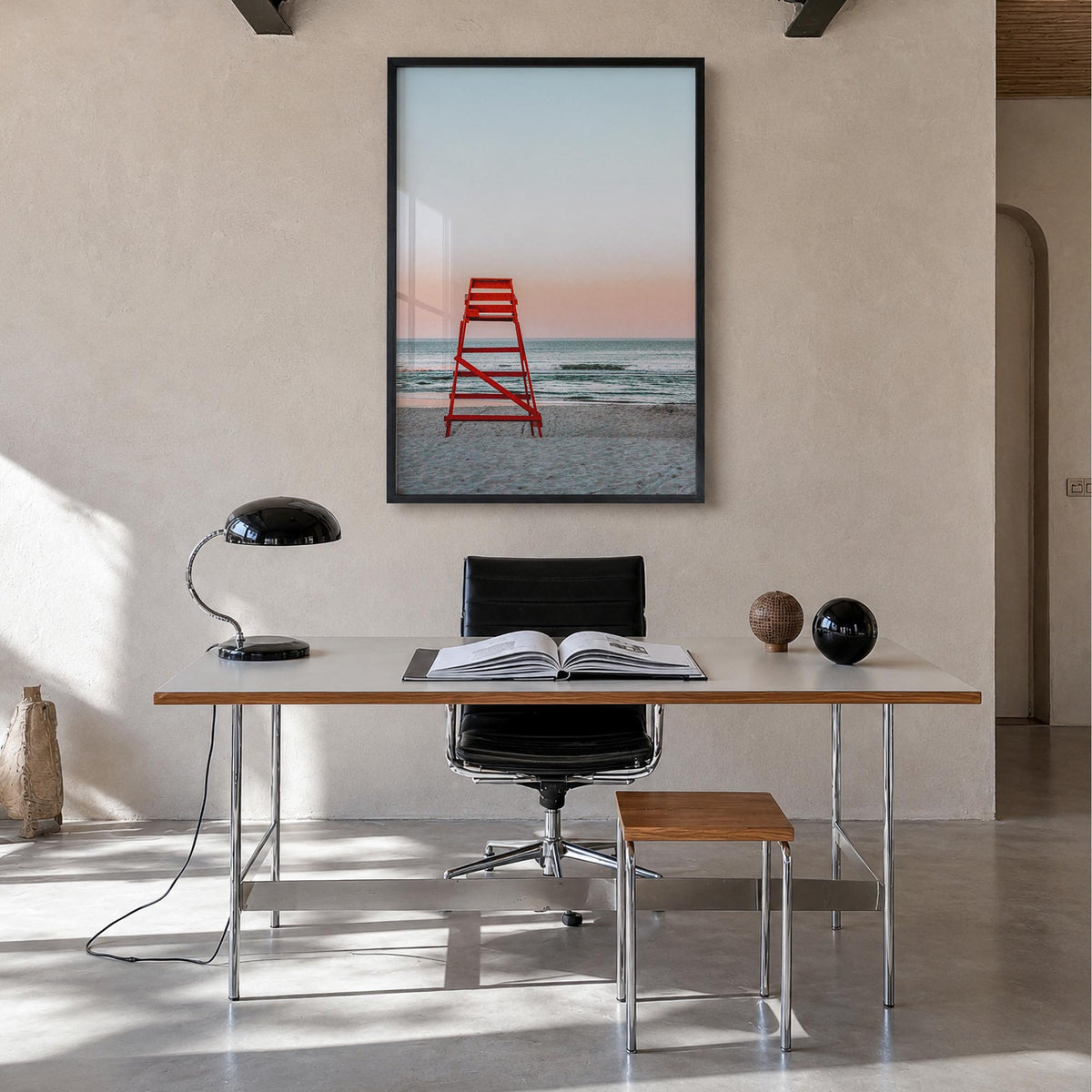 Jacksonville Beach no. 3 colorful photo poster of Florida, USA – vertical wall art in black wood frame, hanging on wall