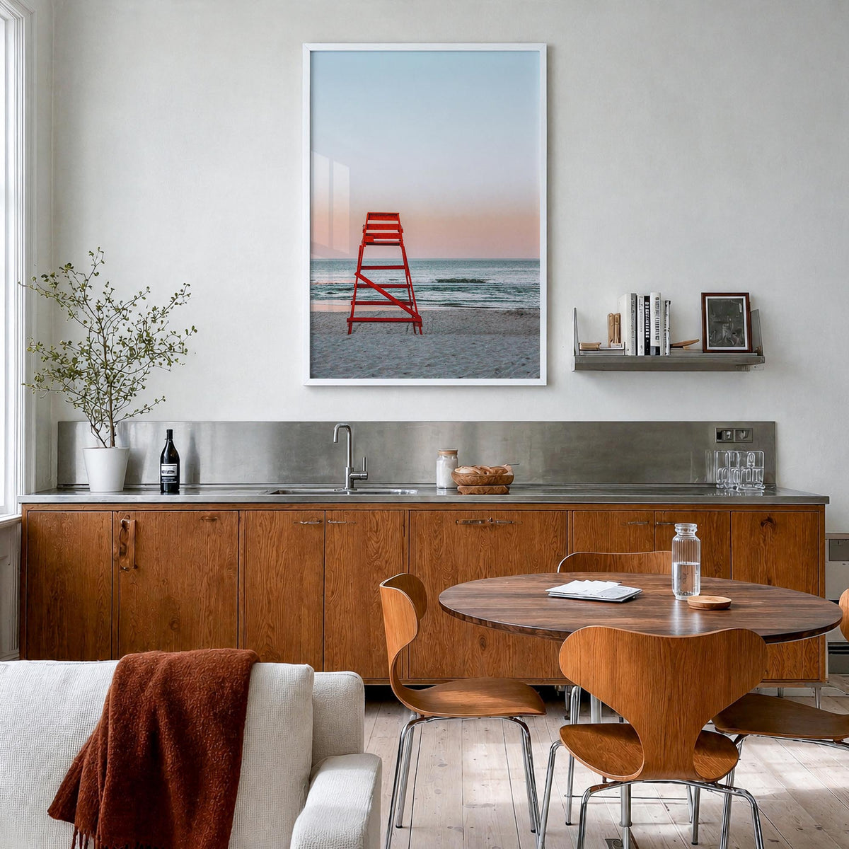 Jacksonville Beach no. 3 colorful photo poster of Florida, USA – vertical wall art in white wood frame, hanging on wall