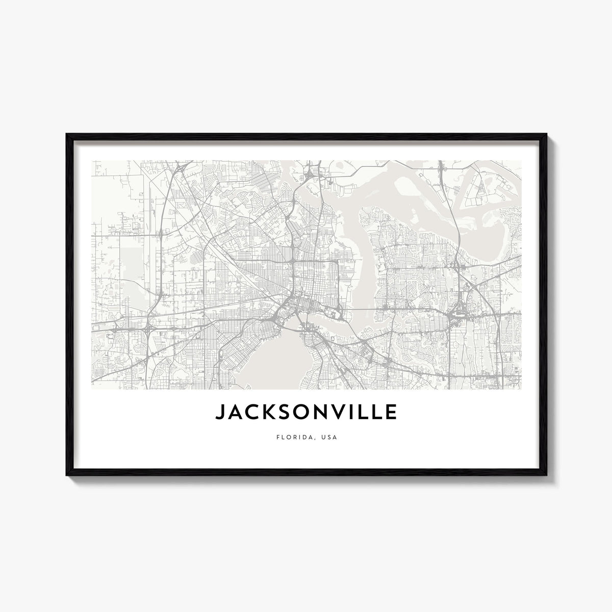 Jacksonville black & white map poster of Florida, USA – horizontal wall art, unframed print shown in interior mockup