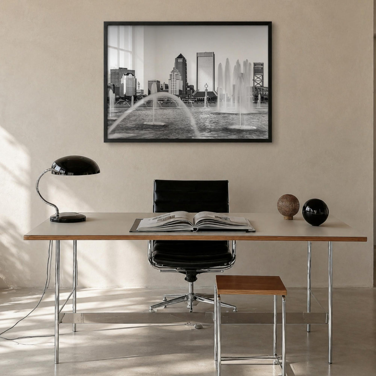 Jacksonville black & white photo poster of Florida, USA – horizontal wall art in black wood frame, hanging on wall