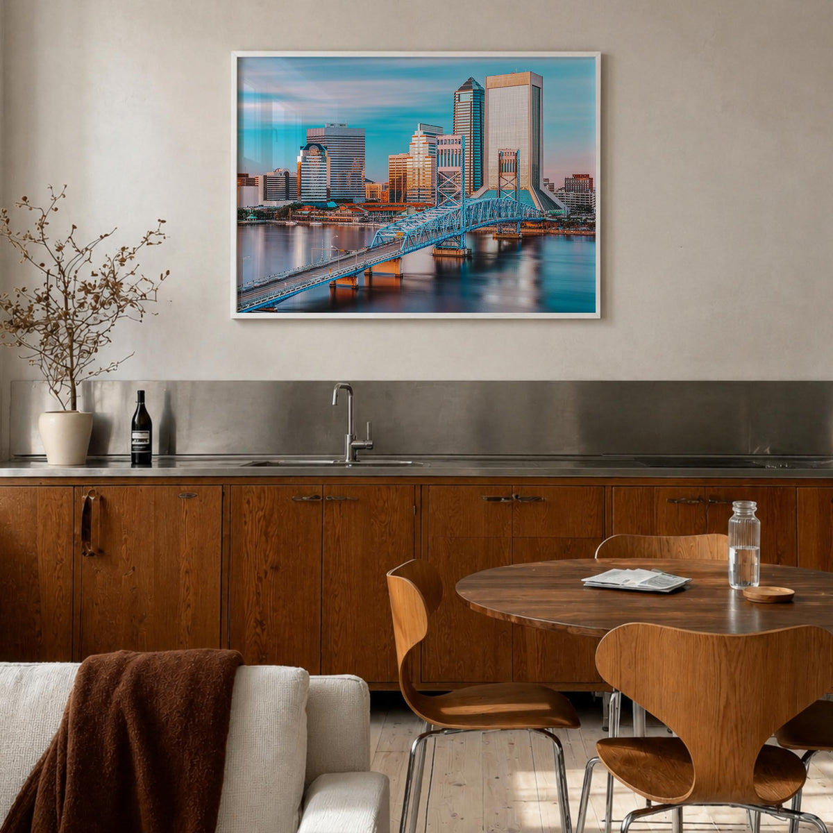 Jacksonville colorful photo poster of Florida, USA – horizontal wall art in white wood frame, hanging on wall