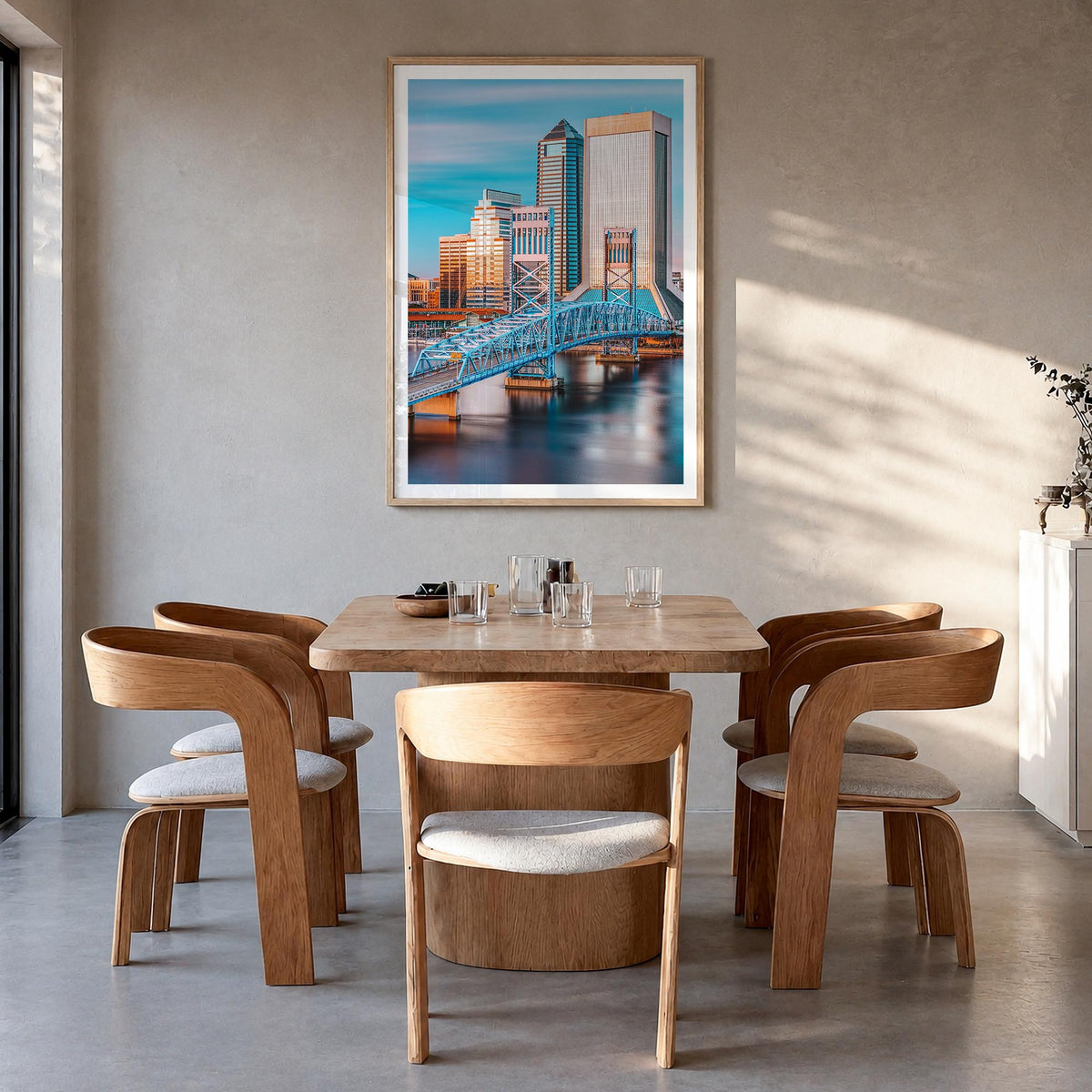 Jacksonville no. 1 colorful photo poster of Florida, USA – vertical wall art in natural wood frame with white border, hanging