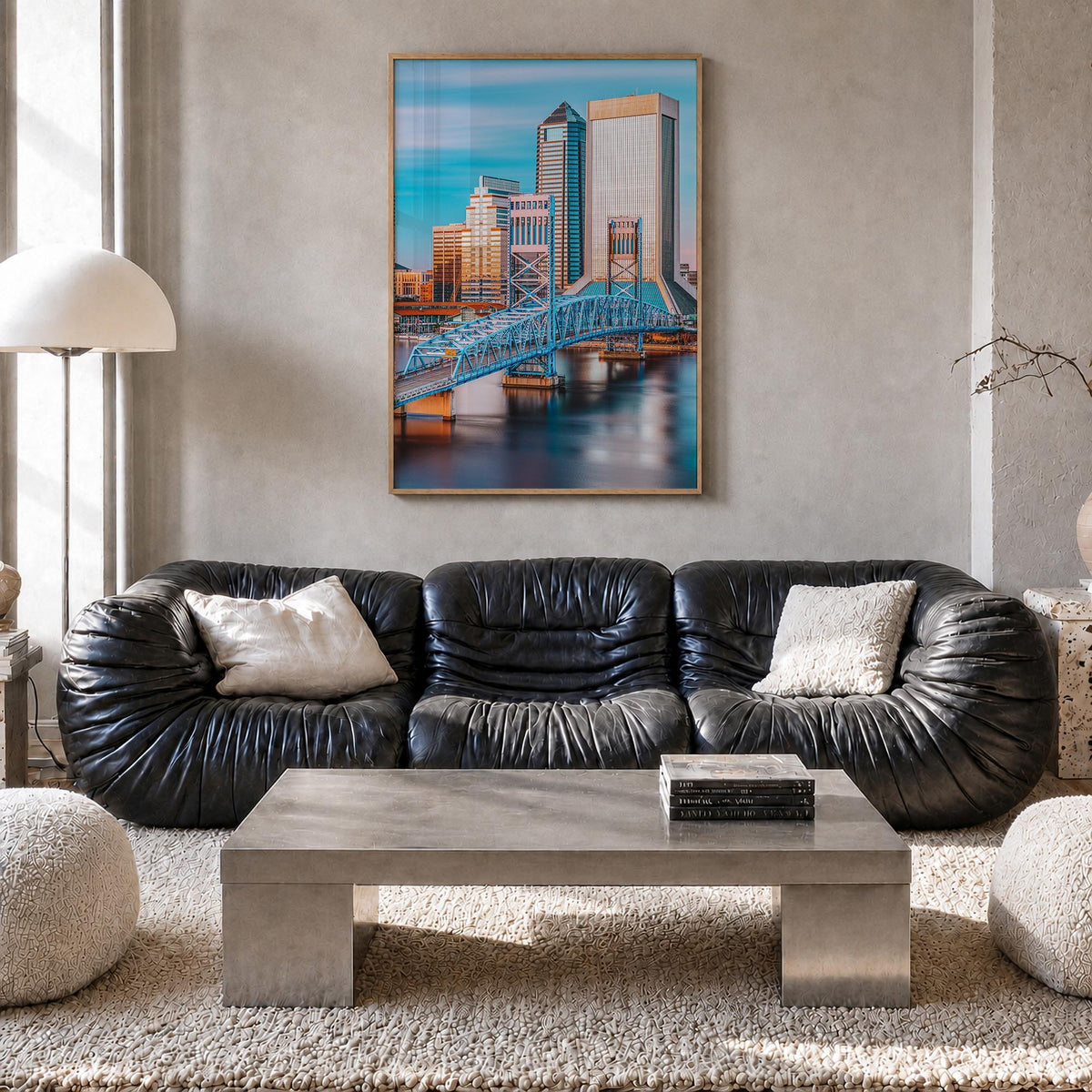 Jacksonville no. 1 colorful photo poster of Florida, USA – vertical wall art in natural wood frame, hanging on wall