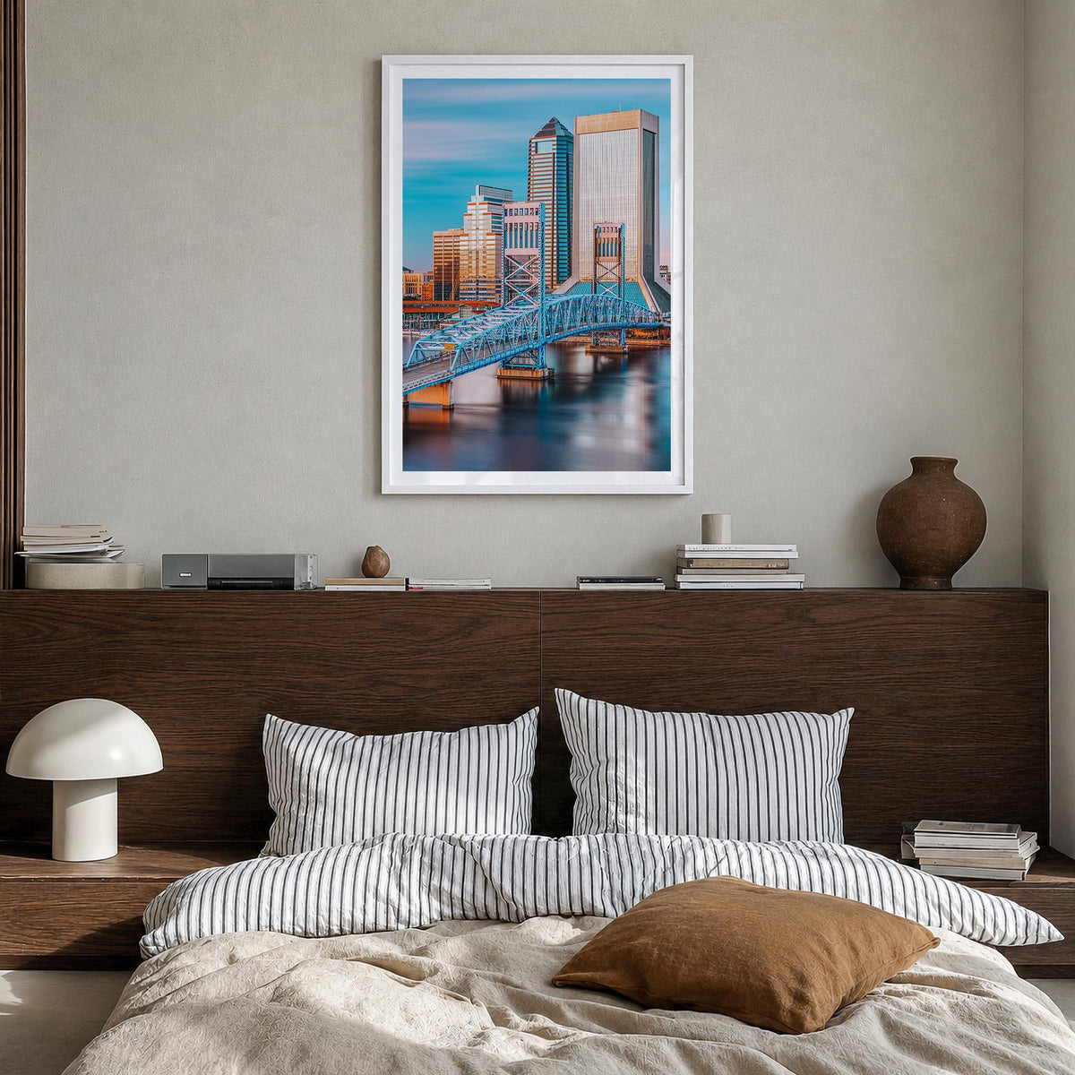 Jacksonville no. 1 colorful photo poster of Florida, USA – vertical wall art in white wood frame with white border, hanging o
