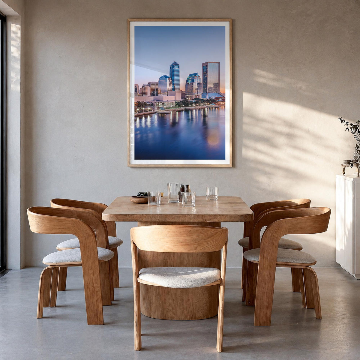 Jacksonville no. 2 colorful photo poster of Florida, USA – vertical wall art in natural wood frame with white border, hanging