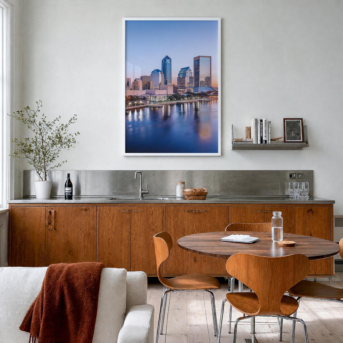Jacksonville no. 2 colorful photo poster of Florida, USA – vertical wall art in white wood frame, hanging on wall
