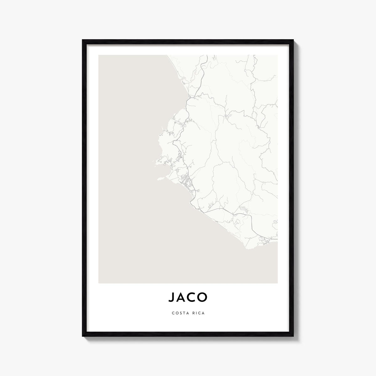 Jacó black & white map poster of Costa Rica – vertical wall art, unframed print shown in interior mockup