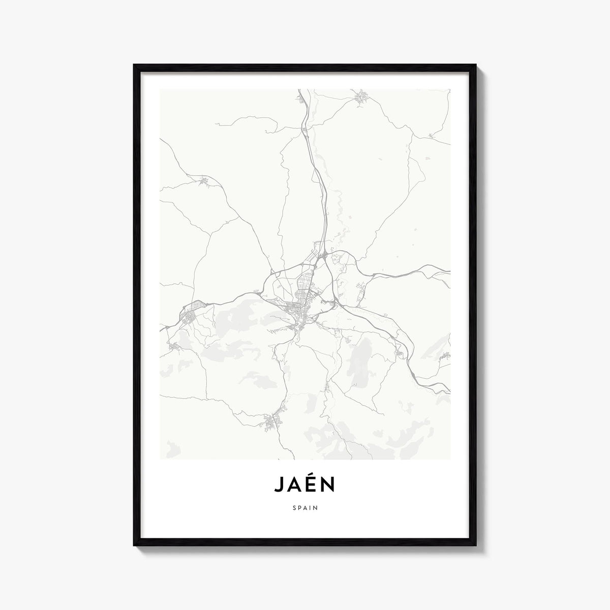 Jaén black & white map poster of Spain – vertical wall art, unframed print shown in interior mockup