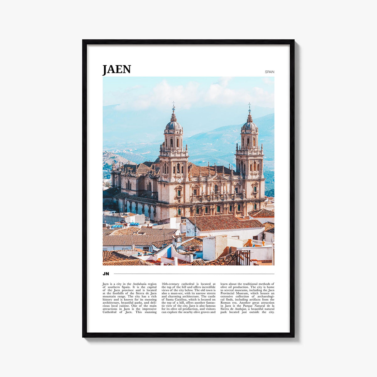 Jaén colorful travel poster of Spain – vertical wall art, unframed print shown in interior mockup