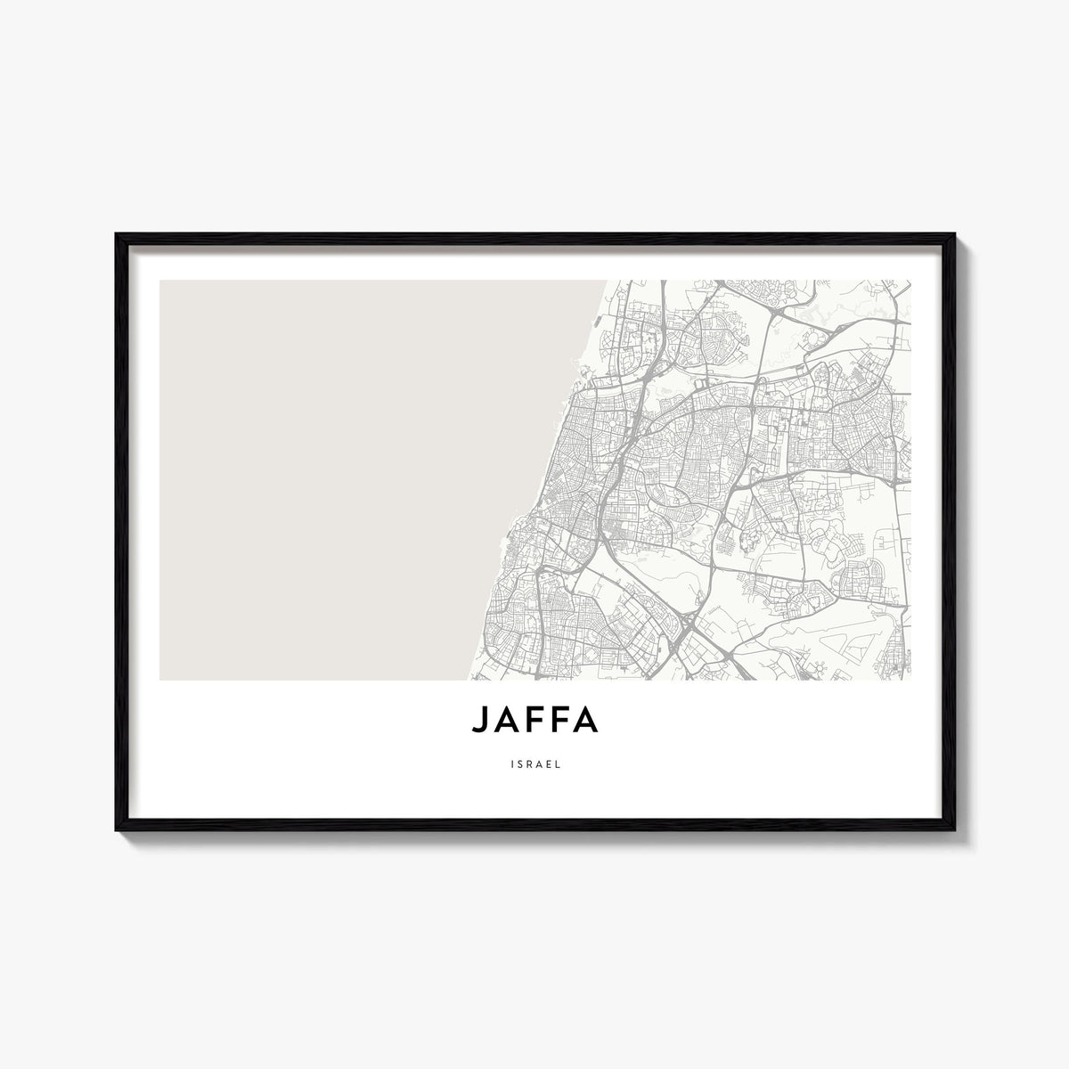 Jaffa black & white map poster of Israel – horizontal wall art, unframed print shown in interior mockup