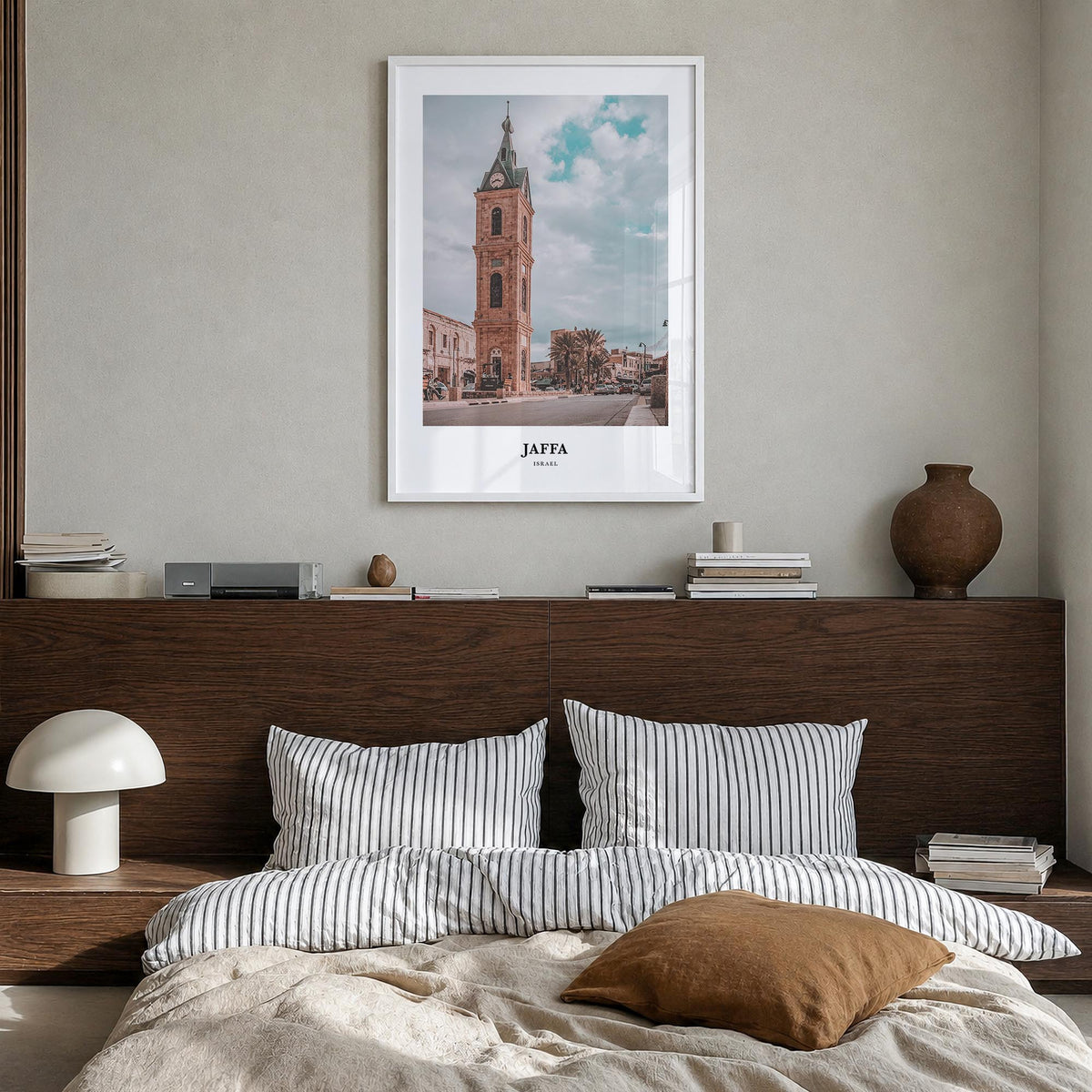 Jaffa colorful classic poster of Israel – vertical wall art in white wood frame, hanging on wall
