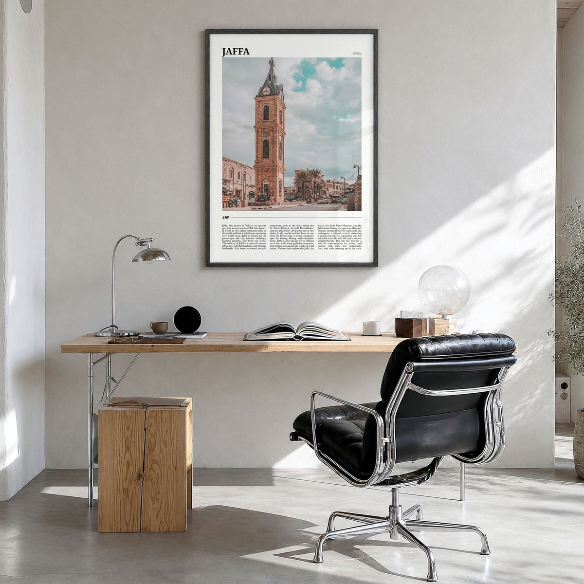 Jaffa Travel Poster in a black wood frame, hanging in a bright home office