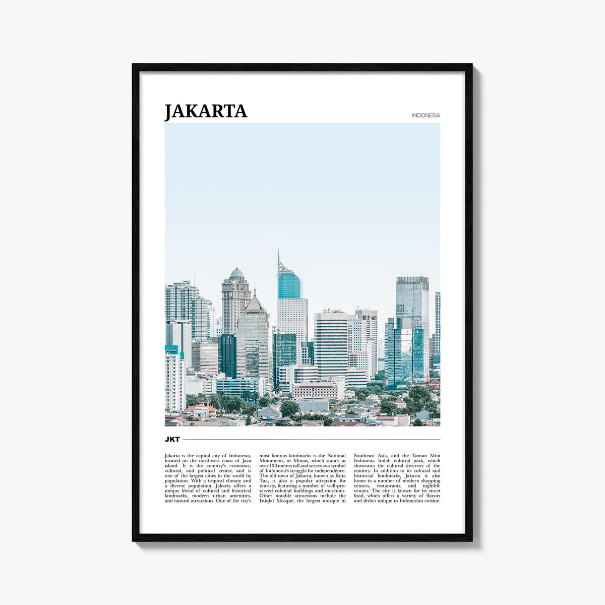 Jakarta colorful travel poster of Indonesia – vertical wall art, unframed print shown in interior mockup
