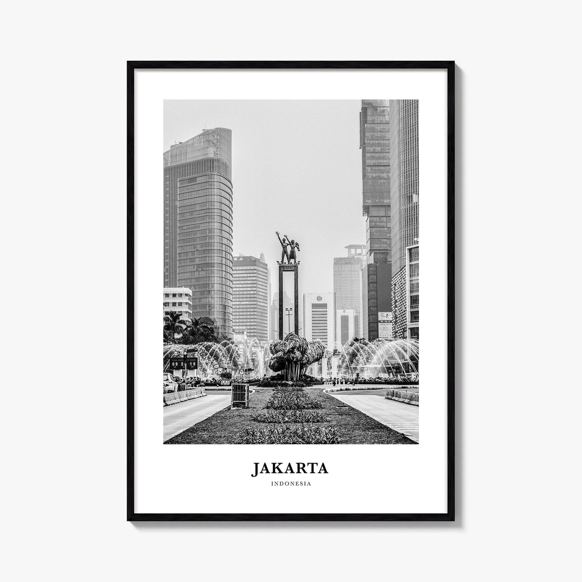 Jakarta no. 2 black & white classic poster of Indonesia – vertical wall art, unframed print shown in interior mockup
