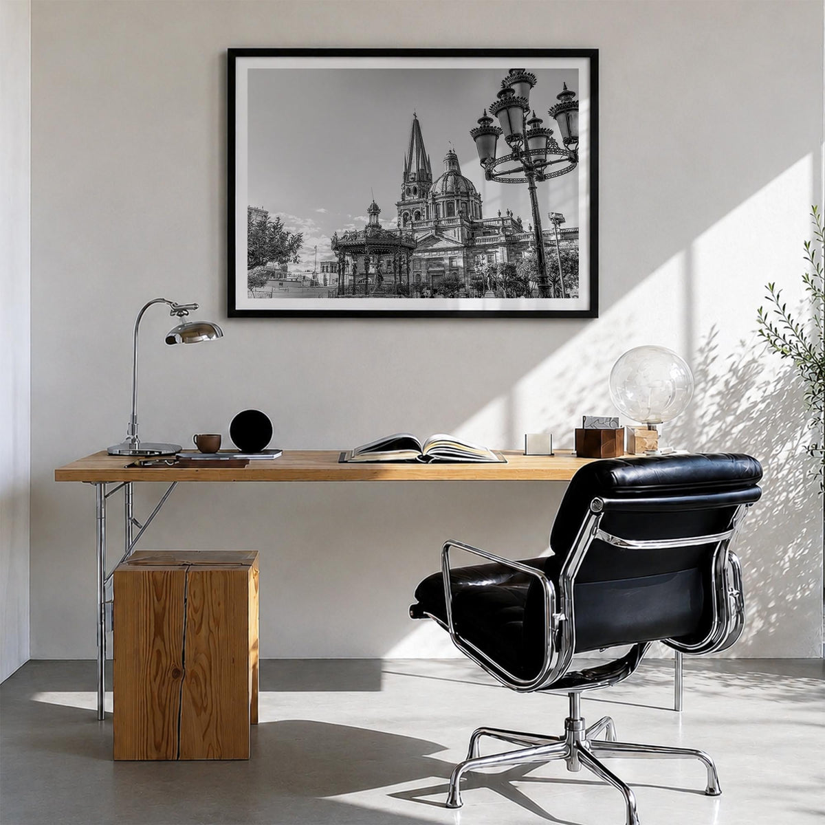 Jalisco black & white photo poster of Mexico – horizontal wall art in black wood frame with white border, hanging on wall