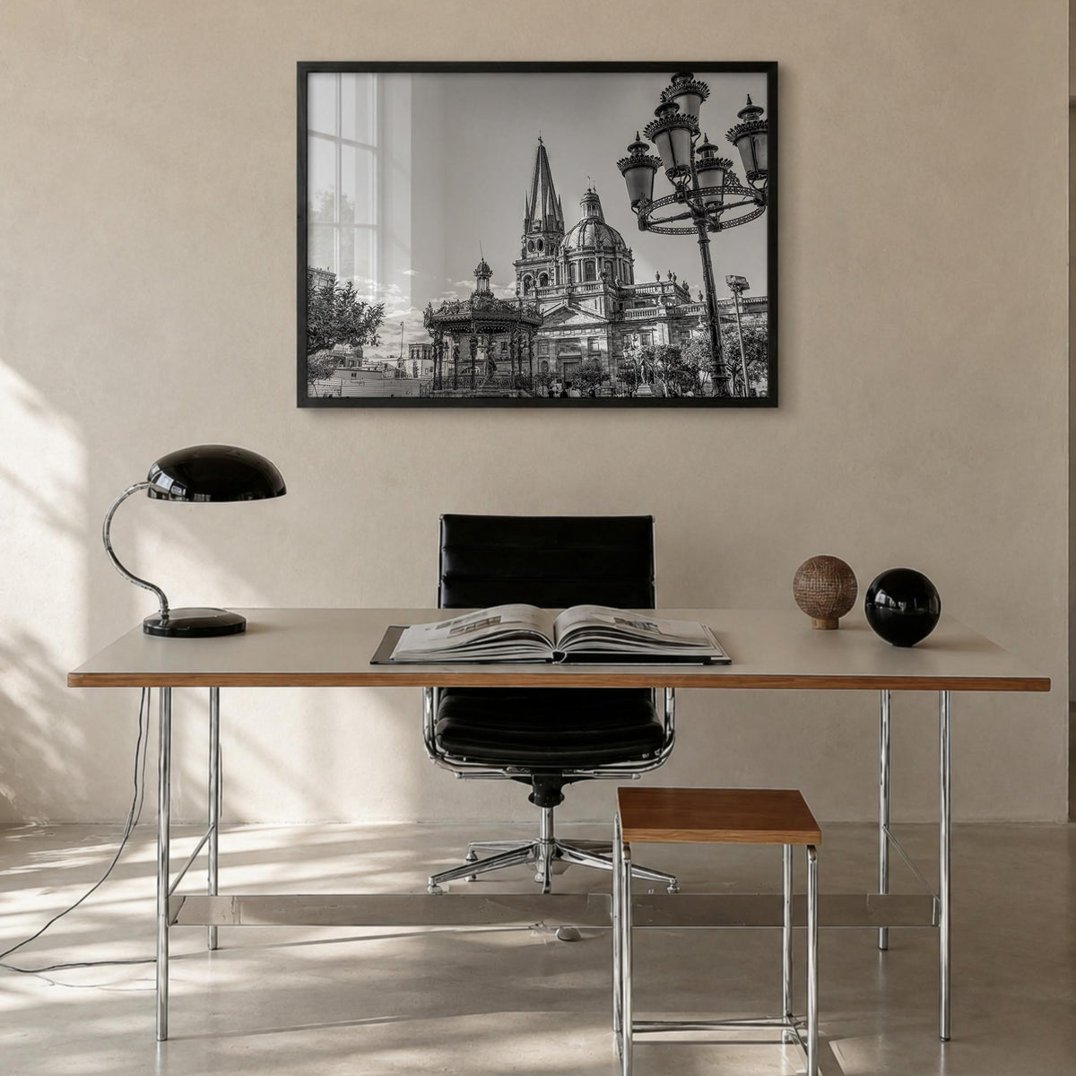 Jalisco black & white photo poster of Mexico – horizontal wall art in black wood frame, hanging on wall