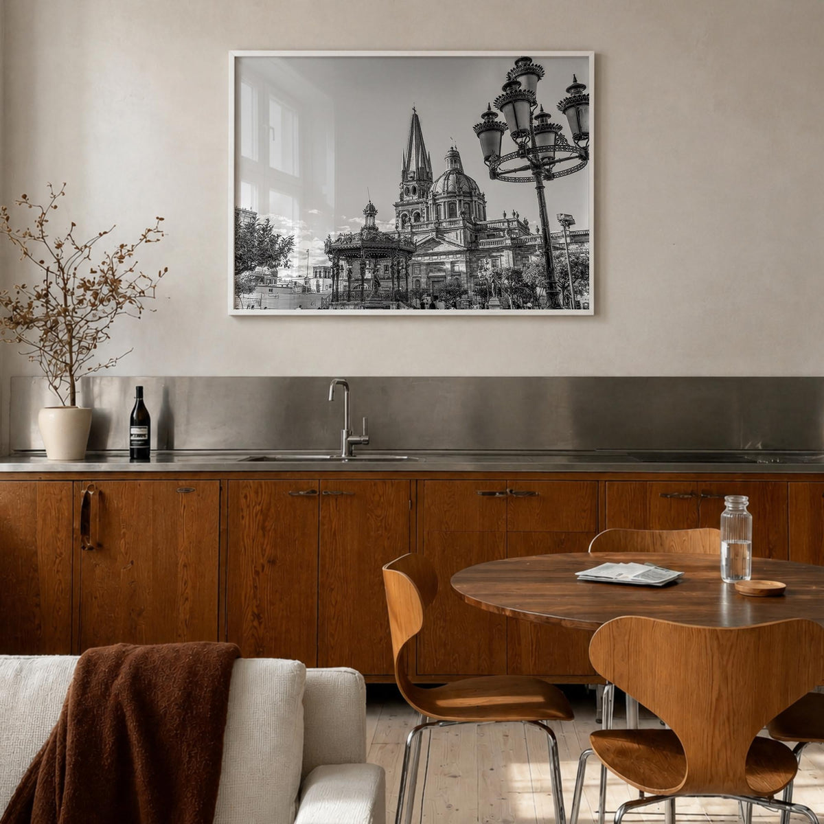 Jalisco black & white photo poster of Mexico – horizontal wall art in white wood frame, hanging on wall