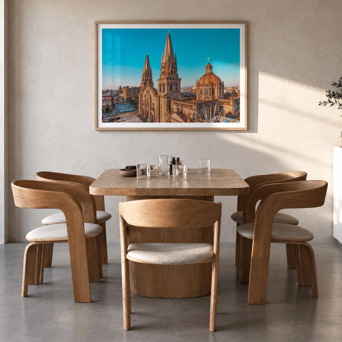 Jalisco colorful photo poster of Mexico – horizontal wall art in natural wood frame with white border, hanging on wall