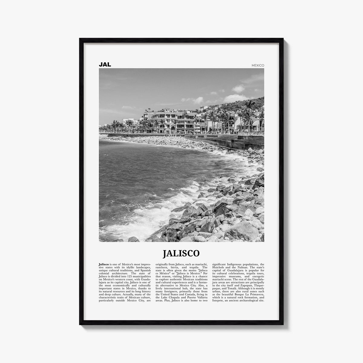 Jalisco no. 1 black & white newspaper poster of Mexico – vertical wall art, unframed print shown in interior mockup