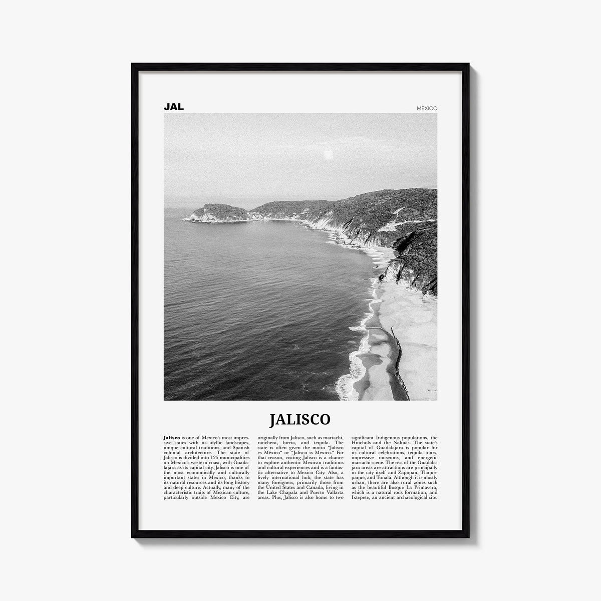 Jalisco no. 2 black & white newspaper poster of Mexico – vertical wall art, unframed print shown in interior mockup